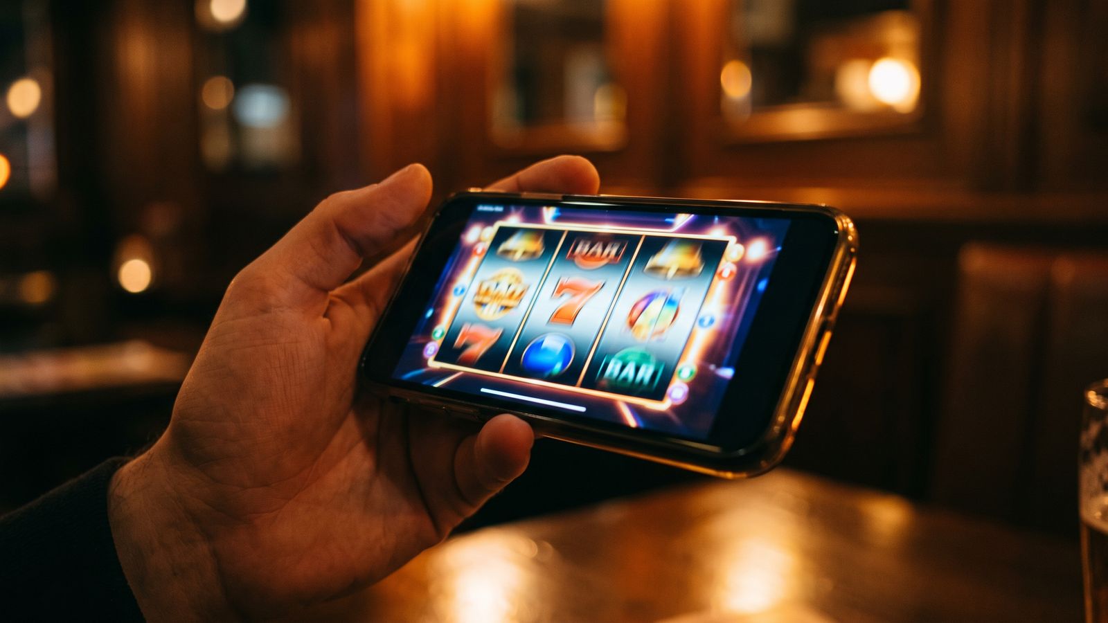 Smartphone displaying casino slot game on screen